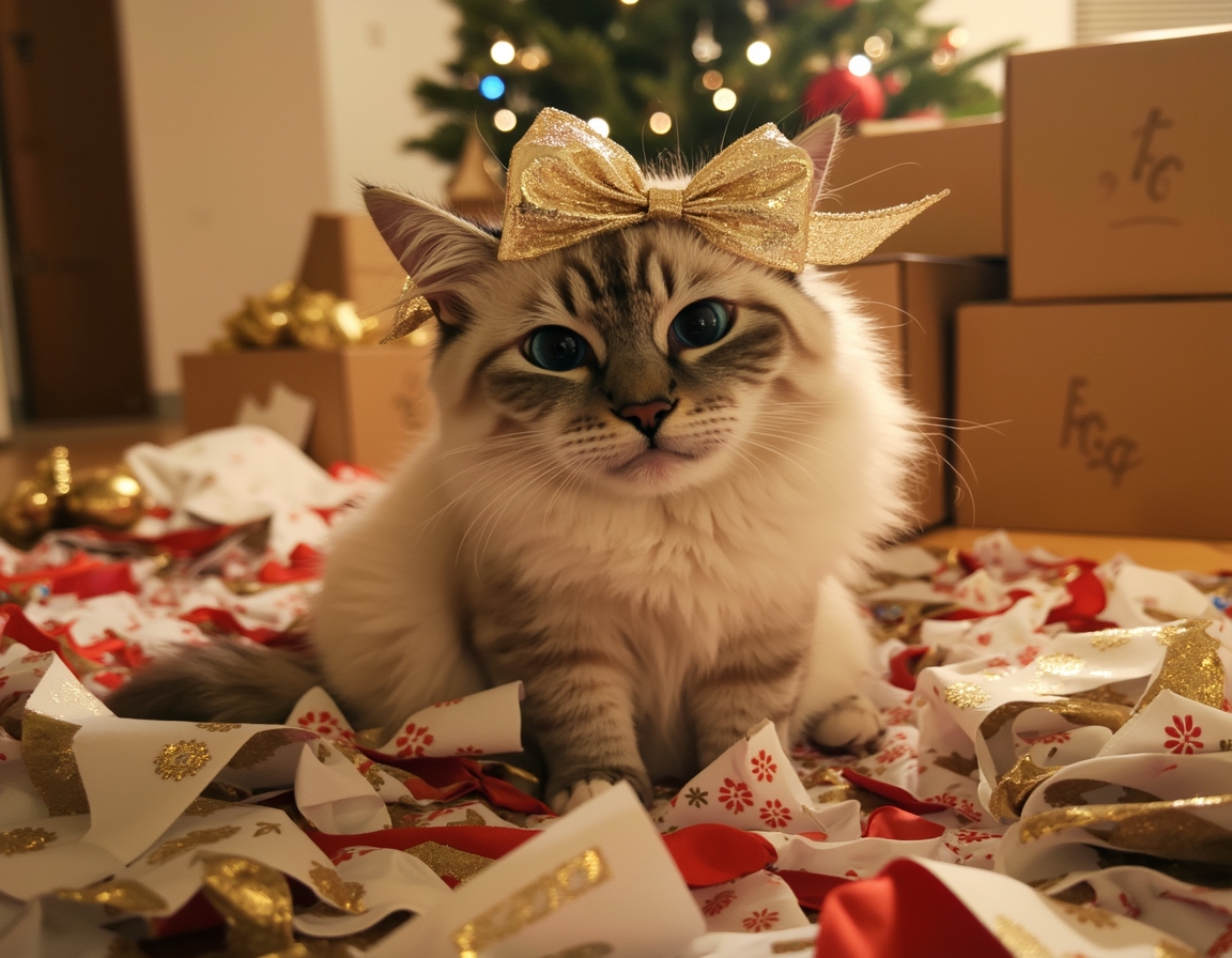 Playful cat surrounded by crumpled wrapping paper, ribbons, and empty boxes, with a shiny bow on its head. Christmas decorations and half-wrapped presents complete the festive scene.